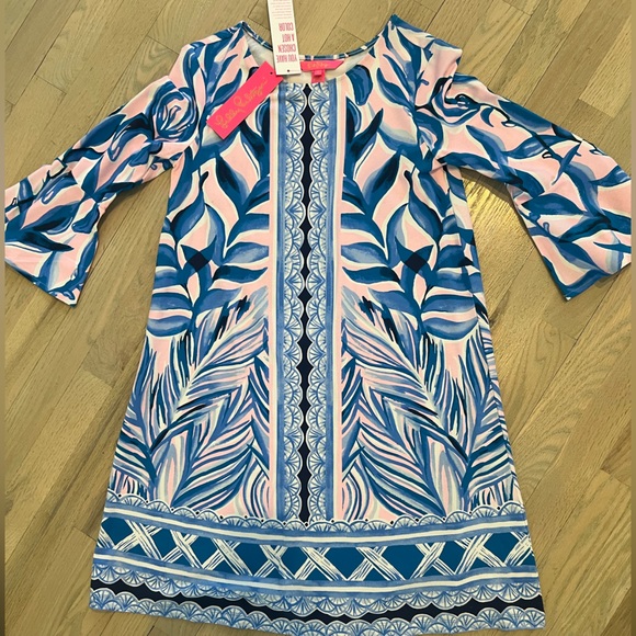 NWT Lilly Pulitzer Shift Dress Blue Palm Print with Bell Sleeves - Picture 4 of 11
